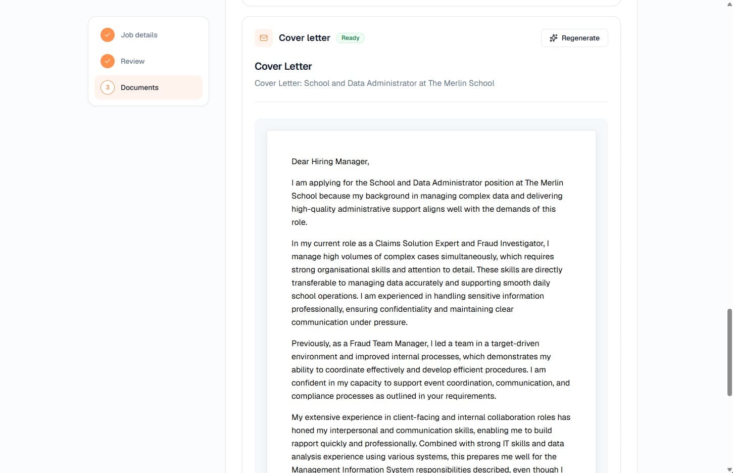 Prawda screen showing a personalised, professional cover letter