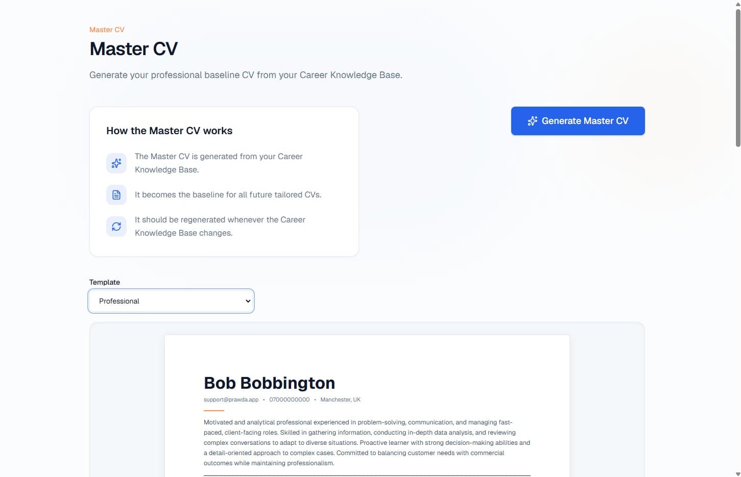 Prawda Master CV screen showing a complete professional CV